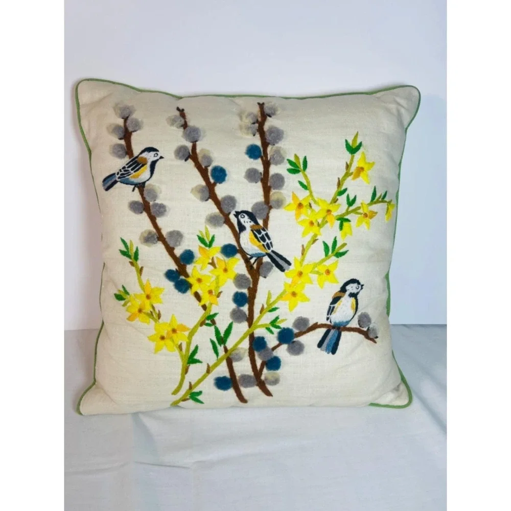 Vintage Handmade Crewel Chickadee Pillow 15x15 Forsythia Pussywillow